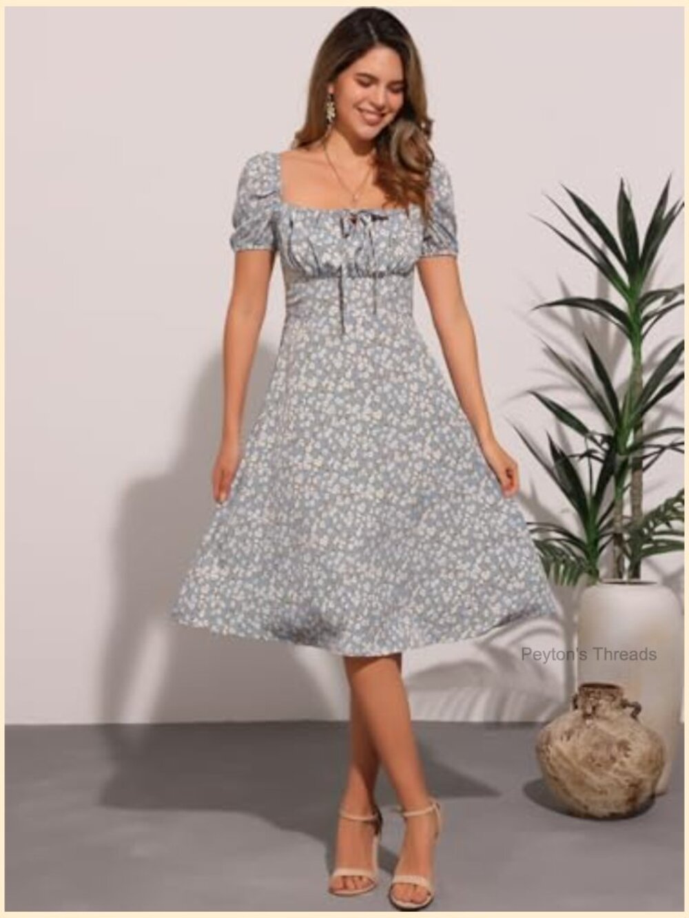 Square Neck Puff Sleeve Smocked Midi Dress Floral Peasant - Picture 3 of 5